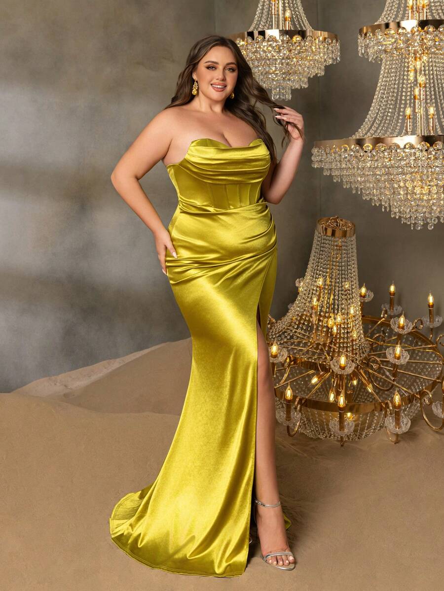 This Elegant Mermaid Slit Satin Formal Evening Gown Is Suitable For Red Carpet Events, Formal Dinners, Luxury Wedding Receptions, And Black Tie Galas. - Olive Green - View 1