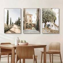 Set de 3 cuadros con lienzos que muestran paisajes rurales, montañas y olivos, estilo nórdico para decoración del hogar en sala de estar y dormitorio - multicolor - Ver 1