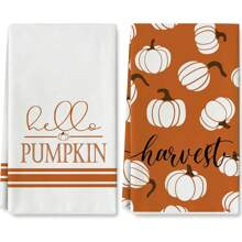 2 pièces Serviette de cuisine d'automne 40x60cm "Hello Pumpkin" Serviette de thé d'action de grâce orange et blanche, utilisée pour Halloween, l'action de grâce, la cuisine et la cuisson.