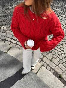 VIBEWAVE Autumn/Winter Bright Red Heavyweight Chunky Cable Knit Crew Neck Sweater, Loose Drop Shoulder Short Thick Vintage Lazy Vibe Pullover Knit Top, Casual Outing Street Photography - Red - View 3