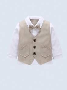 زي رسمي لصبي صغير، قميص مخطط مع ربطة عنق وبنطلون، أناقة وملائم لحفلات عيد الميلاد والسهرات والزفاف والمناسبات الخاصة، قطعتان - كاكي - مشاهدة 3