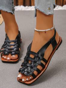 Women's Retro Woven Hollow Out Slip-On Sandals, Thick Heel, Vintage Roman Style, Versatile For Spring, Summer And Autumn - Black - View 5
