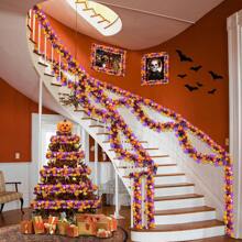 Halloween Decorations, Halloween Tinsel Garland With Orange Pumpkin Black Spider Purple Bat, Shiny Metallic Twist Garland For Home Tree Indoor Outdoor Party Decorations