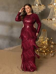 Robe de soirée de luxe pour femmes Curve Plus : Col rond, design à manches longues avec fente élégante dans le dos, jupe sirène féminine et découpe attrayante à la taille - parfaite pour les événements en tenue de soirée, les grands galas, les réceptions de mariage Top de gamme, les bals d'anniversaire de luxe et les prestigieuses collectes de fonds de bienfaisance