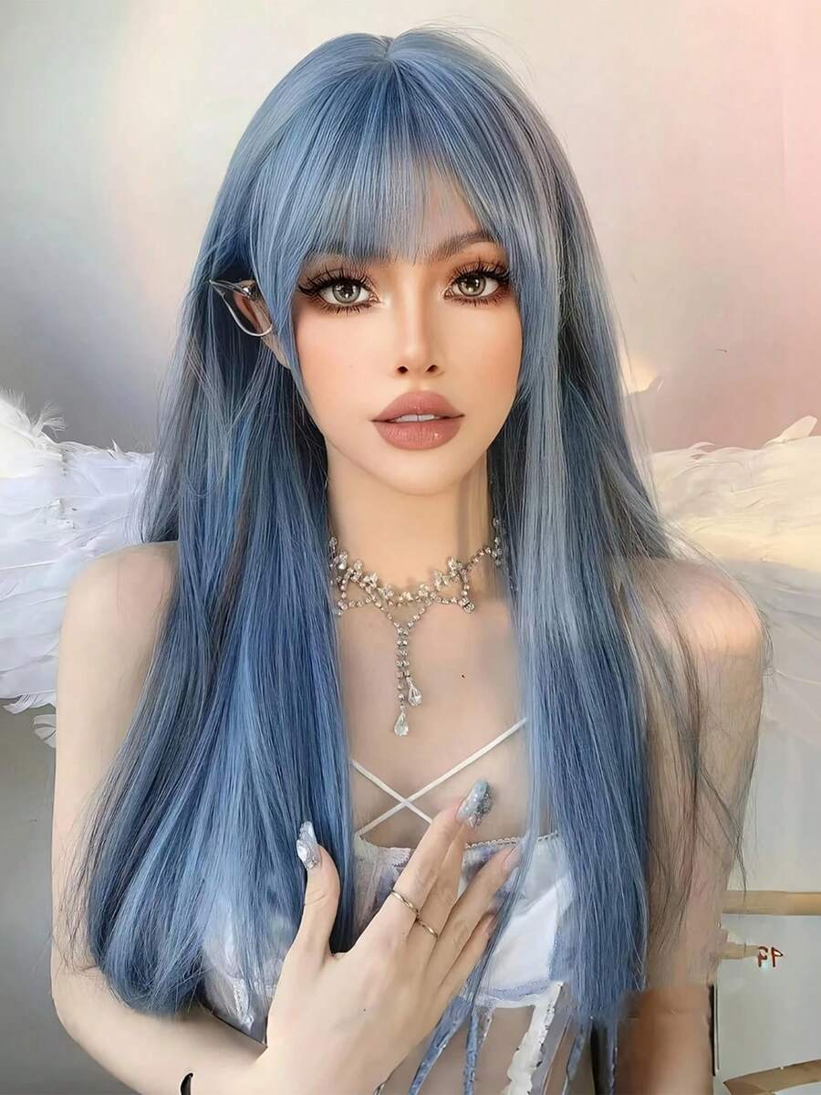 Long Blue Lolita Style Wig For Women - Heat-Resistant Straight Synthetic Hair, Fantasy Cosplay And Party Wear, Black Mesh Shoulder Sleeves, Gold Necklace, Perfect For Role Play And Themed Events, Cosplay Wig | Lolita Style Wig | Heat-Resistant Wig - 藍色 - 查看 1