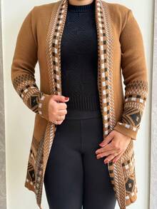 Women's Checkered Kimono Cardigan Teddy Coat Long Sleeve Open Front Elegant Striped Argyle Cute Boho Chic Casual Sexy Fleece-Like Fabric Textured Daily Airport Wear Birthday Party Formal & Evening Holiday - 巧克力棕色 - 查看 1