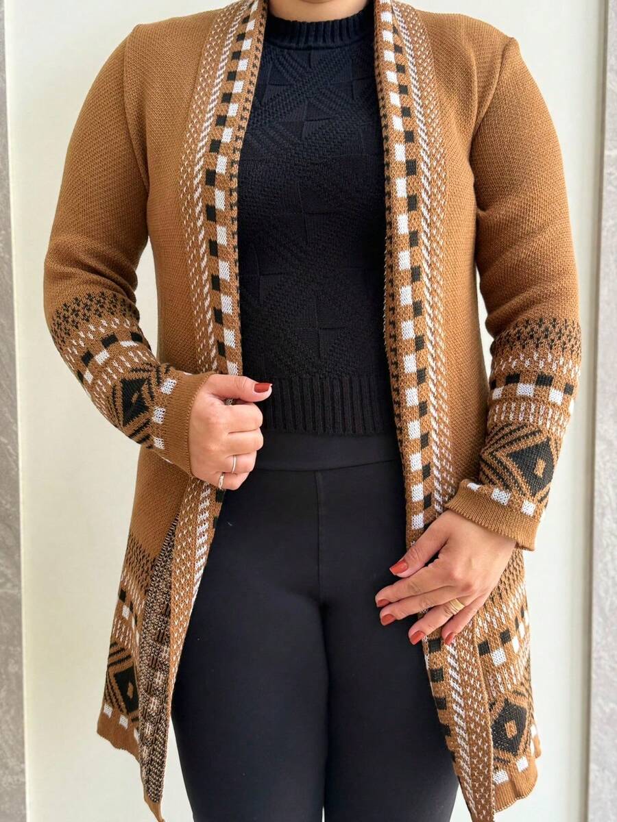 Women's Checkered Kimono Cardigan Teddy Coat Long Sleeve Open Front Elegant Striped Argyle Cute Boho Chic Casual Sexy Fleece-Like Fabric Textured Daily Airport Wear Birthday Party Formal & Evening Holiday - 巧克力棕色 - 查看 1