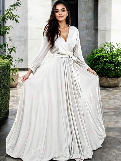 Vestido de cuello profundo de manga larga con nudo delantero casual y elegante para dama modelo constanza