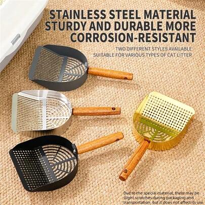 1 件不锈钢猫砂铲，带符合人体工程学的木柄 - 多功能宠物粪便清洁工具，适用于兔子、猫、狗和猫砂盆 - 耐用卫生易清洁设计