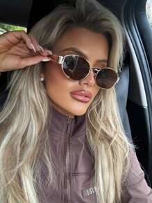 1pc Oval Small Fashion Ladies Fashion Glasses Ins Street Fashion Retro Fashion Glasses Metal Frame Black Fashion Glasses With Travel Beach Accessories Beach Accessories Ladies Glasses Shadow Base Autumn Winter Ladies Clothing Clothing Business Casual Gifts With Protective Case - 金色 - 查看 4