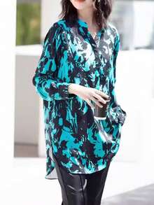 Women's Elegant Slimming Ink Print Shirt, Concealing Belly High-End Blouse, Long Sleeve Mid-Length Covering Buttocks, All-Over Print Woven Fabric, Front Button Closure, Suitable For Daily Wear In Spring, Summer, Autumn