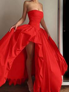 圣诞女士优雅性感红色无肩带长裙 – 不对称高开衩设计，后背系带可调节，是派对、鸡尾酒会、圣诞节、婚礼和约会之夜的理想之选，也是特殊场合、情人节派对和春季派对的完美选择。 - 紅色 - 查看 6