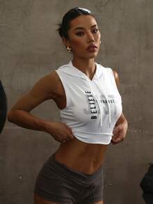 Women's White Fashionable Hooded Drawstring Sleeveless Letter Print Sports Top