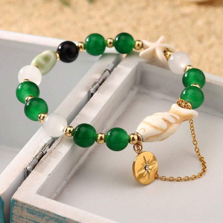 1 Set Nuevo Brazalete Bohemio de Cuentas de Vidrio, Estrella de Mar y Cadena con Peces Pequeños (Color Aleatorio) - Multicolor - Añade 6