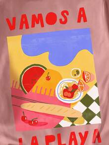 羅紋 純棉 女式T卹，學院風 春夏 新款 運動女裝，垂感 時尚 柔軟 透氣 女式短袖上衣,食物彩繪圖印花 - 粉色 - 查看 4