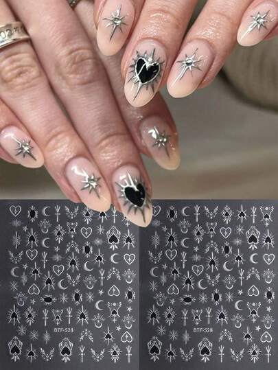 2 Peças de Adesivos de Arte de Unhas Bronzeados Estampa de Totem de Estrela e Lua Sistema Solar Preto e Prata Amor Adesivo de Volta Decalques de Unhas DIY Cole nas Suas Unhas,