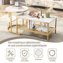 2er-Set Couchtische mit Stauraum – Moderne runde und rechteckige Marmoroptik – Metallrahmen – Beistelltische für Wohnzimmer/Balkon – Gold