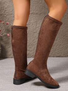 【尺码偏小一码】女士圆头棕色绒面过膝长靴，2025秋冬新款必备单品，弹力修身高筒靴，柔软舒适内衬