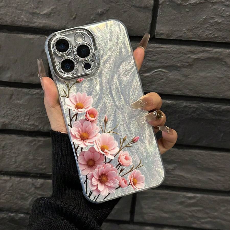 Funda para teléfono (1 unidad) rosa delicado con flores, hilo fino perforado, diseño moderno. Compatible con phone 16/15/14/13/12/11 Pro, Promax Plus, X/Xsmax. Para hombres y mujeres. - Plateado - Ver 1