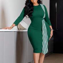 Womens 1950s Vintage Bodycon Pencil Midi Dress 3/4 Sleeve Work Church Knee Length Sheath Dress With Belt Belt - Xanh đậm - Xem 4