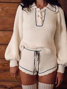 Kontrast Spitze Laternärmel Top + Elastische Taille Schleife Rüschen Saum Strick Shorts Set - Aprikosenfarben - Übersicht 3