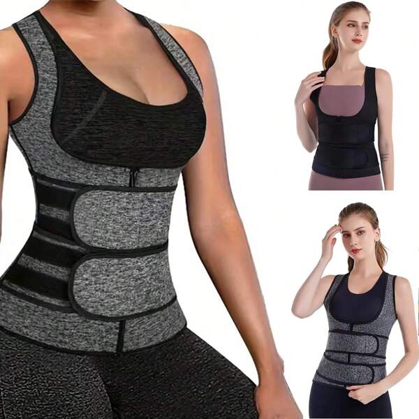 1Pc 70% Neoprene Sauna Vest,High-Waist Shapewear Bodysuit For Women- Waist Trainer & Back Support Tank Top, Post-Workout Compression Garment For Gym, Yoga, Running, Sweat Promoting Fitness Shapewear With Breathable Soft Moisture-Wicking Fabric,Hanf And Mahine Wash ,Black,Gray