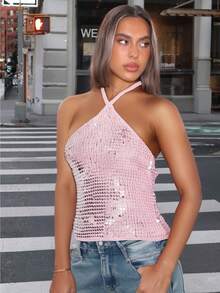 Sexy Fashion European And American Women's Sequin High Stretch Sequin Top. - Pink - View 3