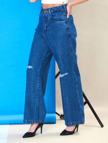 Women's Wide Leg Jeans With Ripped Knee, Marbled Wash With Hem ALIANZA JEANS - Medium Wash - View 4