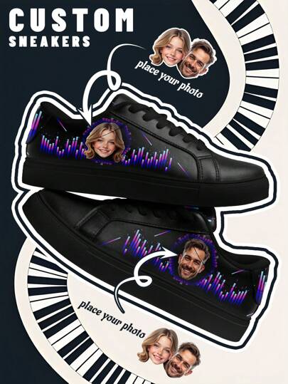 [Music Festival Theme] Custom Photo And Name Low-Top Sneakers, PU Upper Panel Shoes, Soundwave Light Print, Lightweight Comfortable Fashion Unisex Design