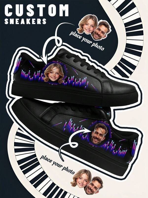 [Musik Festival Thema] Individuelle Foto- und Namen Sneaker mit Niedrig-Top, PU Oberpaneel Schuhe, Schallwellen Licht Muster, leicht und bequem, modisches Design für Unisex