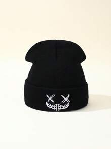 Bonnet tricoté unisexe avec expression mignonne/maléfique brodée, polyvalent