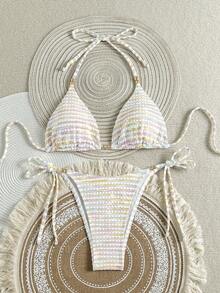 Mother's Day 1pc Elegant Colorful Striped Beaded Halter Bikini Set, Suitable For Summer Beach Vacation - Multicolor - View 5