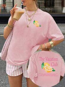 2pcs Women Casual Fuchsia Lemon Graphic Back Design Round Neck Short Sleeve T-Shirt Set, Spring/Summer - Pink - View 2