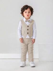 زي رسمي لصبي صغير، قميص مخطط مع ربطة عنق وبنطلون، أناقة وملائم لحفلات عيد الميلاد والسهرات والزفاف والمناسبات الخاصة، قطعتان - كاكي - مشاهدة 7