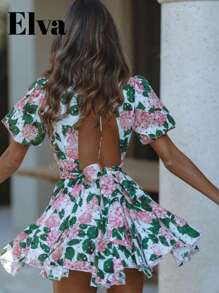 ELVA Women's Floral Print Peasant Ruffle Backless Mini Dress With Bubble Sleeves, Suitable For Vacation, Back To School Season, Concert