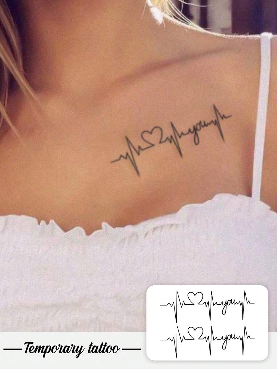 1 件逼真防水半永久纹身贴，心跳心电图设计，持久 7-15 天，适合时尚女性 - 黑色 - 查看 1