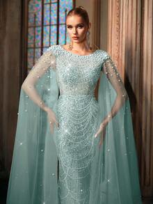 LUVISTRUE Mode Design Damen Pailletten Abendkleid mit Perlen besetztes Abendkleid für Abendpartys, Wohltätigkeitsveranstaltungen, Galas, Champagner Farbenes Mesh Langes Kleid, Geburtstagskleid