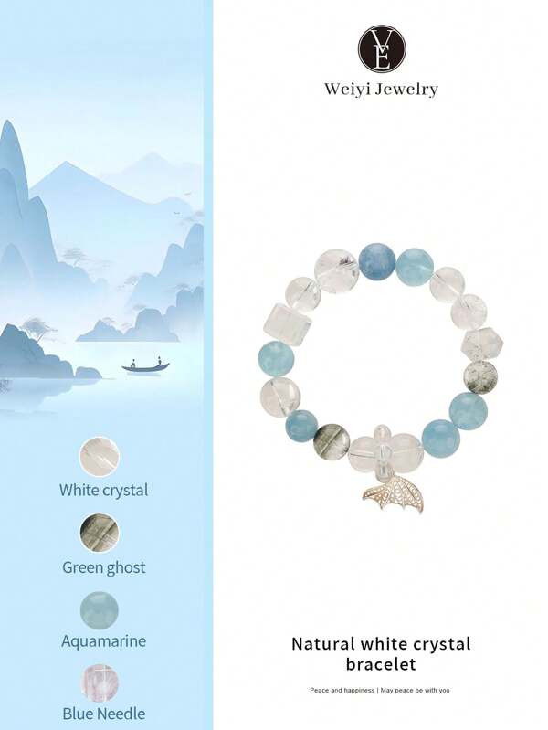 VE [VE] 1pc S925 Silver Natural White Quartz & Jade Wealth Lucky Charm Bracelet, Decorated With Aquamarine & Blue Agate Crystals. High-End Minimalist Fashion Protective Crystal Jewelry Gift Suitable For Self, Bestfriend, Girlfriend, Mother. Jewel Color Random