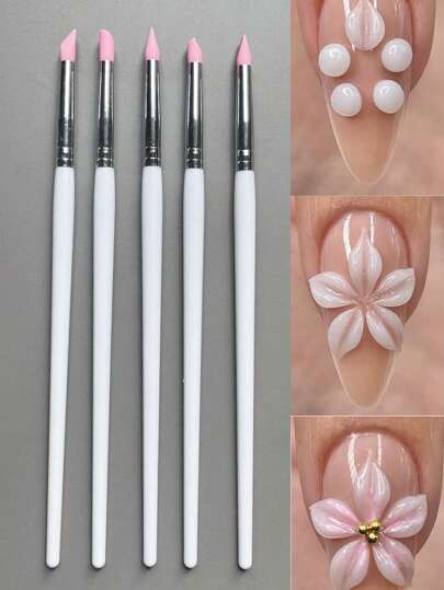 5Pcs/Set Pink Silicone Nail Art Pen Brush UV Gel Polish Tip 3D Acrylic Flower Carving Embossing Shaping DIY Dotting Polish Brushes Sculpture Pen DIY Manicure Tool
