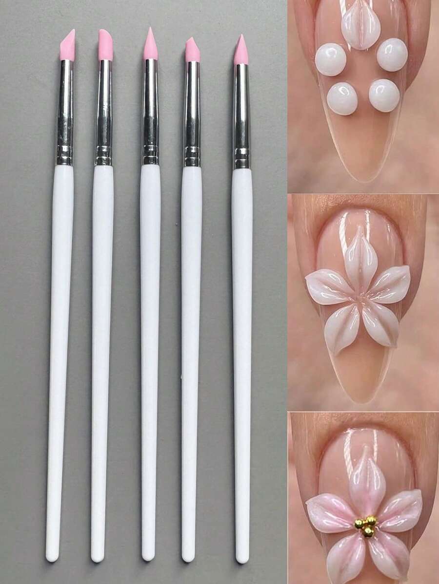 5Pcs/Set Pink Silicone Nail Art Pen Brush UV Gel Polish Tip 3D Acrylic Flower Carving Embossing Shaping DIY Dotting Polish Brushes Sculpture Pen DIY Manicure Tool - Baby Pink - View 1