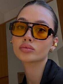 新款经典复古双梁连体大框方形时尚眼镜女男日常街拍街头派对泳池派对情侣百搭装饰眼镜户外休闲度假海滩波西米亚风简约旅行职场女士潮人装饰眼镜飞行员形状墨镜 - 彩色 - 查看 3