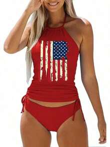 Women's Patriotic Swimwear – Independence Day Flag Tankini With Modest Bottom, Ideal For July 4th Pool Parties And Beach Fun,Slim Fit Runs Small Recommend Order One Size Up, Tummy Control Waist Ruched Cinching, Swimwear For Beach Vacation & Pool Party - 旗紅色 - 查看 1