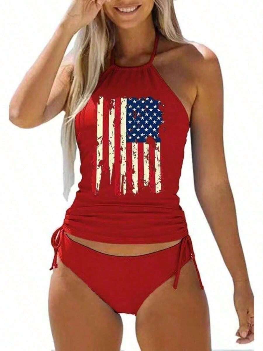 Women's Patriotic Swimwear – Independence Day Flag Tankini With Modest Bottom, Ideal For July 4th Pool Parties And Beach Fun,Slim Fit Runs Small Recommend Order One Size Up, Tummy Control Waist Ruched Cinching, Swimwear For Beach Vacation & Pool Party - 旗紅色 - 查看 1