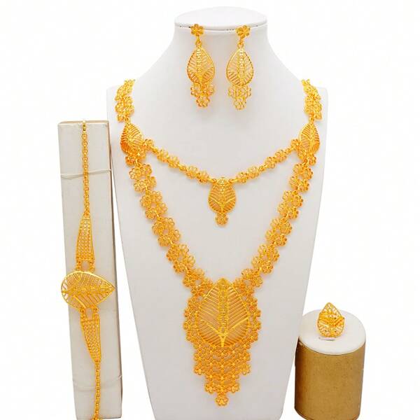 Conjunto de Joias Cor de Ouro de Dubai, Conjunto Nupcial Africano, Colar, Pulseira, Brinco e Anel da Noiva Nigeriana