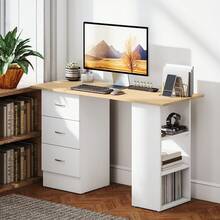 HOMCOM 120cm Computer Desk, Writing Table, PC Workstation With 3 Storage Shelves And Drawers - white yellow - View 2