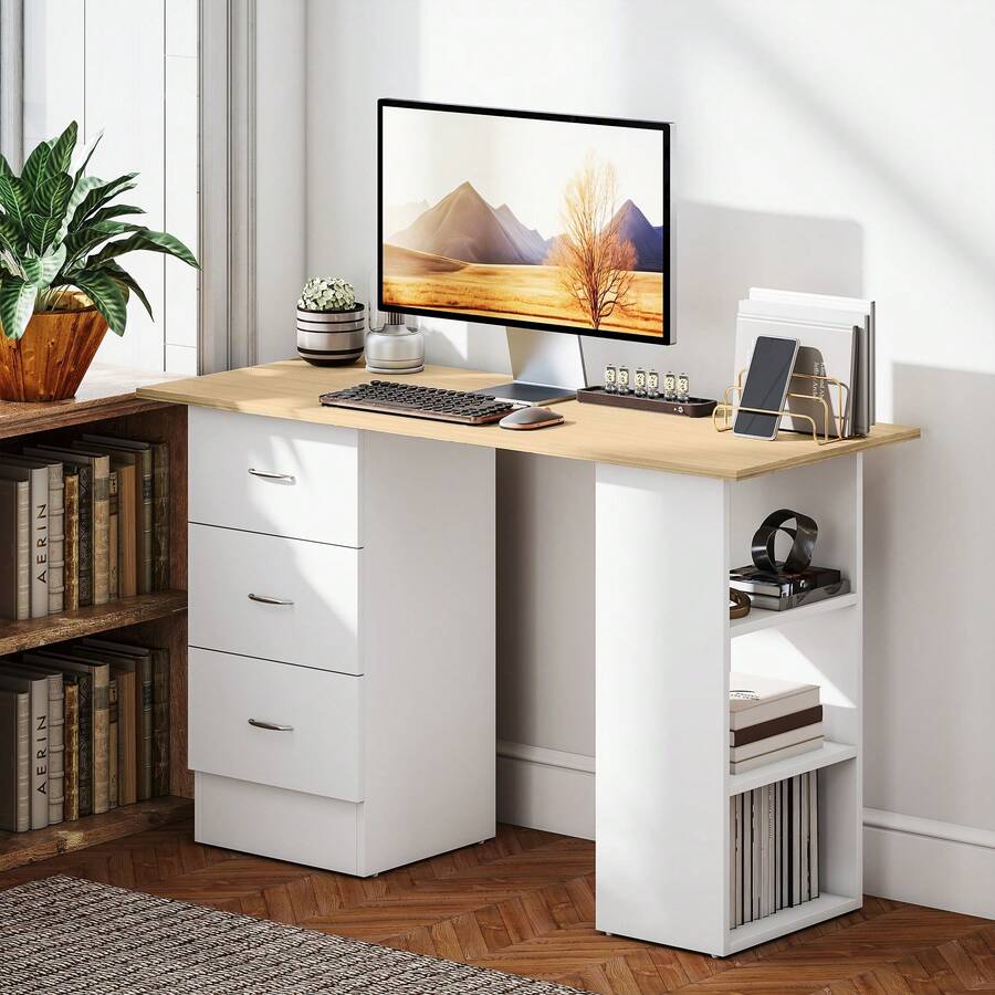 HOMCOM 120cm Computer Desk, Writing Table, PC Workstation With 3 Storage Shelves And Drawers