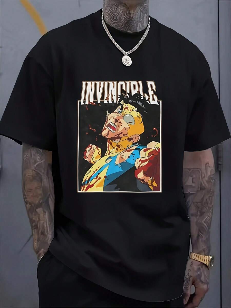Invincible Comic Mark Grayson Graphic T-Shirt - Hardcore Manga Style Tee For Adults - Bold Superhero Design With Red Accent Eyes - Machine Washable Black Shirt For Convention & Casual Attire - Comic Book Fan Apparel, Casual Streetwear, Casual Round Neck, Durable Print Quality, Streetwear Fashion, Longlasting Design, Adult Apparel - 黑色 - 查看 1