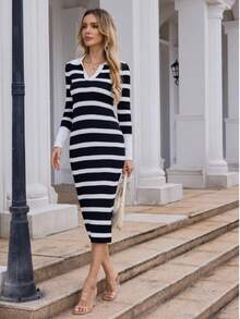 New Elegant Turndown Collar Long Sleeve Striped Knit Dress