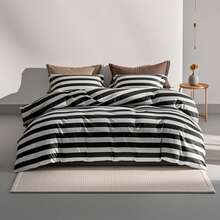 Black / White Stripe Bedding – Soft Microfiber Set, Easy To Wash And Wrinkle-Resistant - Black and White - View 8