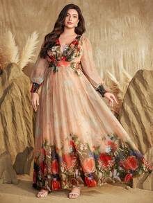 加大码女式甜心领随机花卉印花泡泡袖撞色设计优雅长裙 - 彩色 - 查看 4